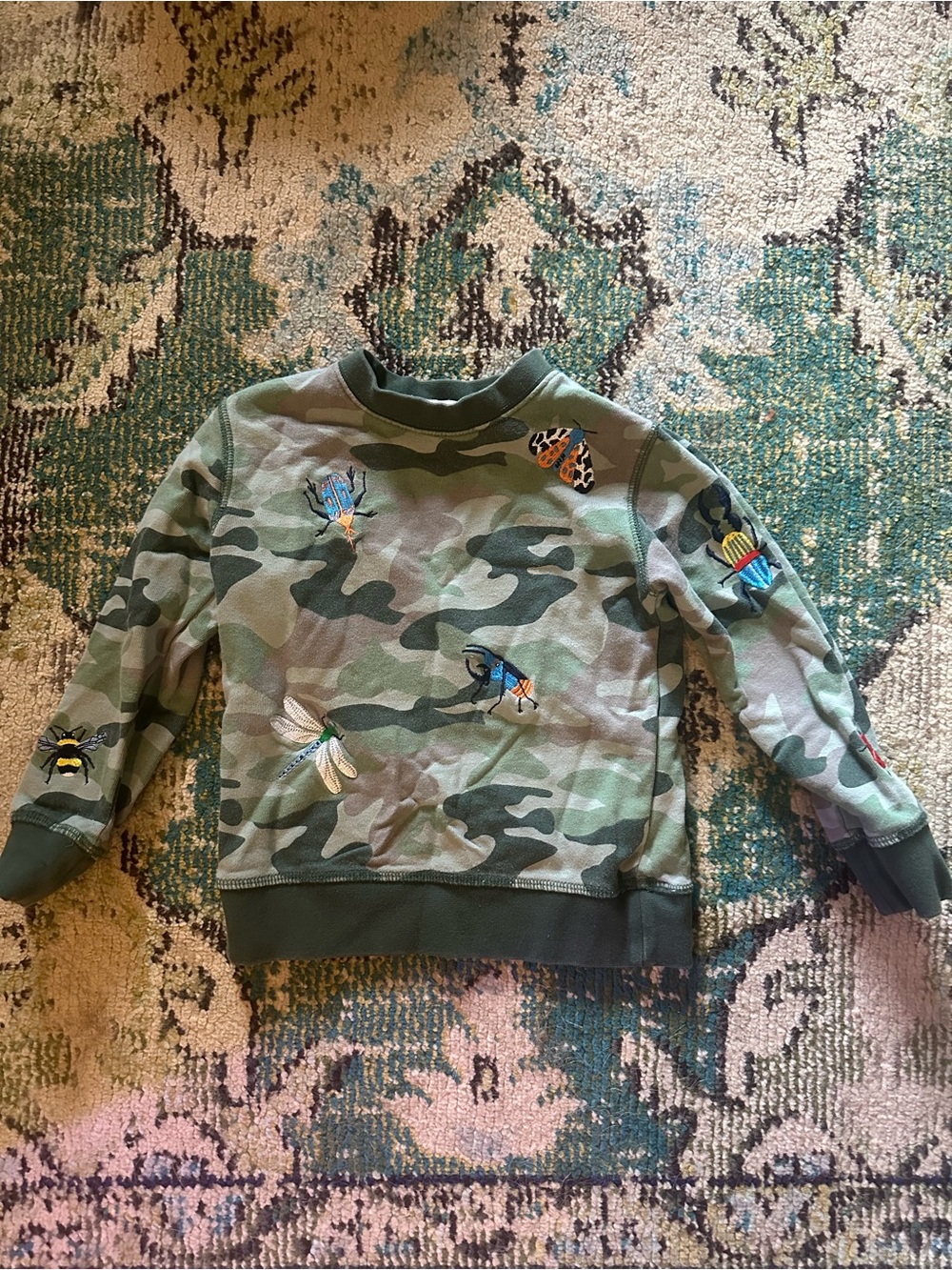 Mini Boden Camo Sweatshirt with Colorful Bug Embroidery - Green